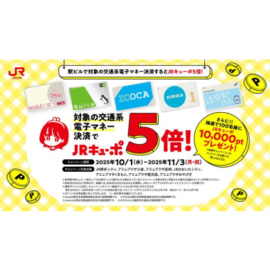 対象の交通系電子マネー決済でJRキューポ5倍！